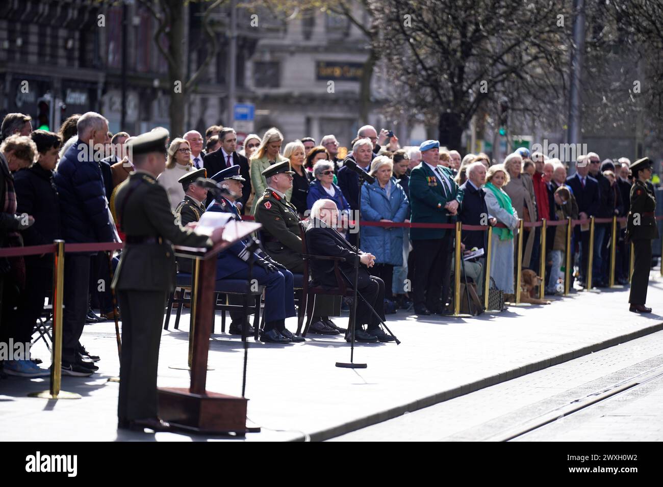 Präsident Michael D Higgins während einer Zeremonie im GPO in der O'Connell Street in Dublin anlässlich des Jubiläums des Osteraufstandes 1916. Bilddatum: Sonntag, 31. März 2024. Stockfoto
