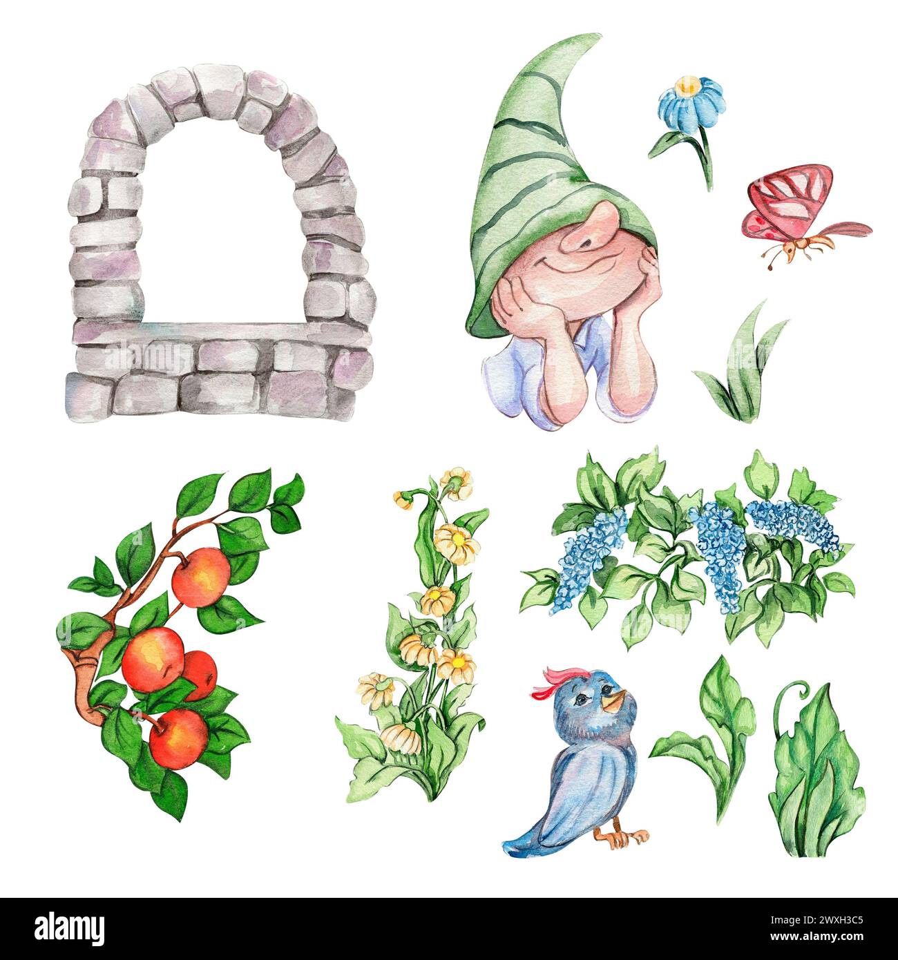 Aquarell handgezeichnet süße nordische Gnome, skandinavische Gnome und Blumen und Blätter Aquarellillustration. Design für Babyparty, Geburtstag, Stockfoto