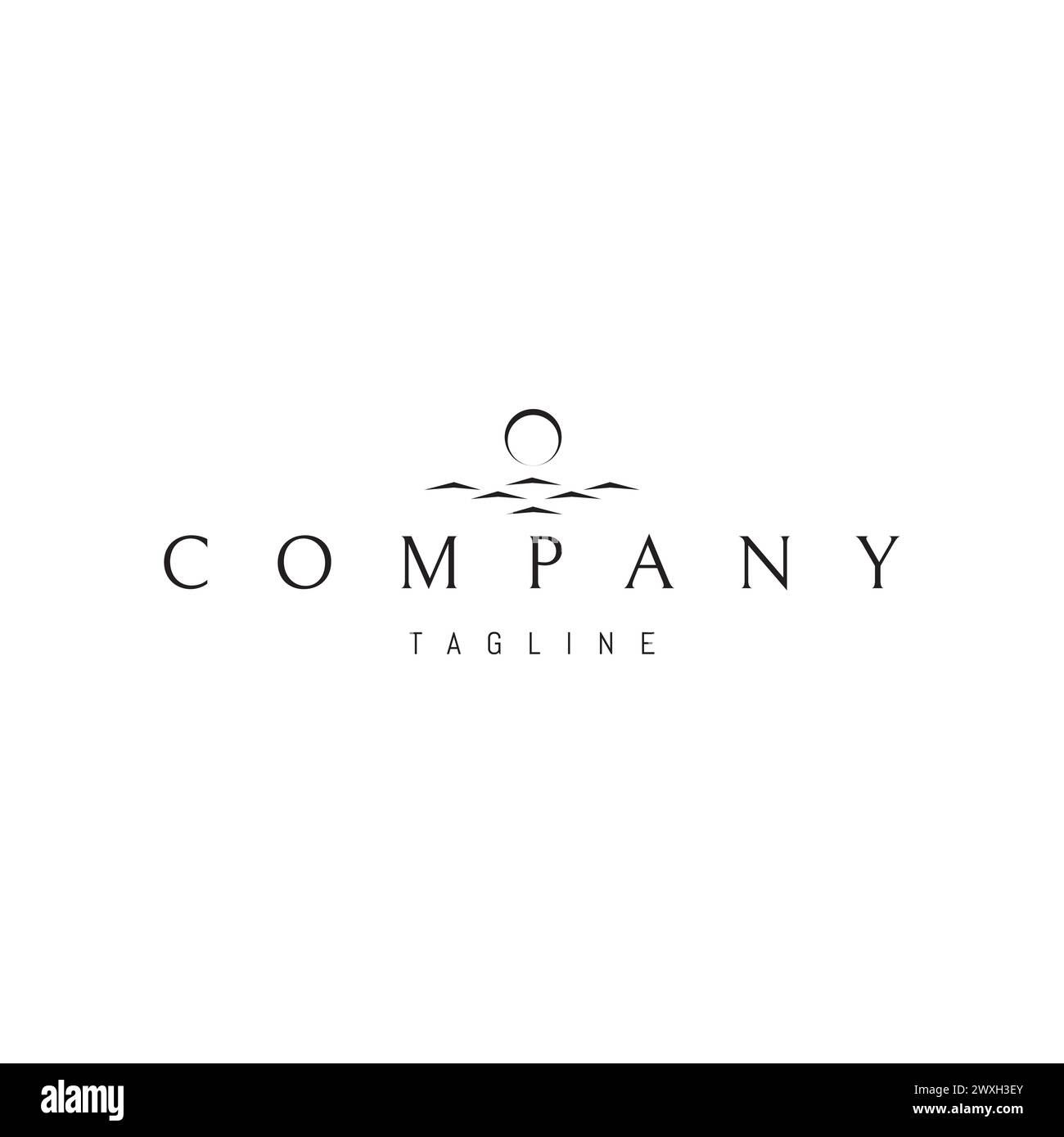 Vektorlogo mit abstraktem Bild der Mittagssonne über den Wellen. Stock Vektor