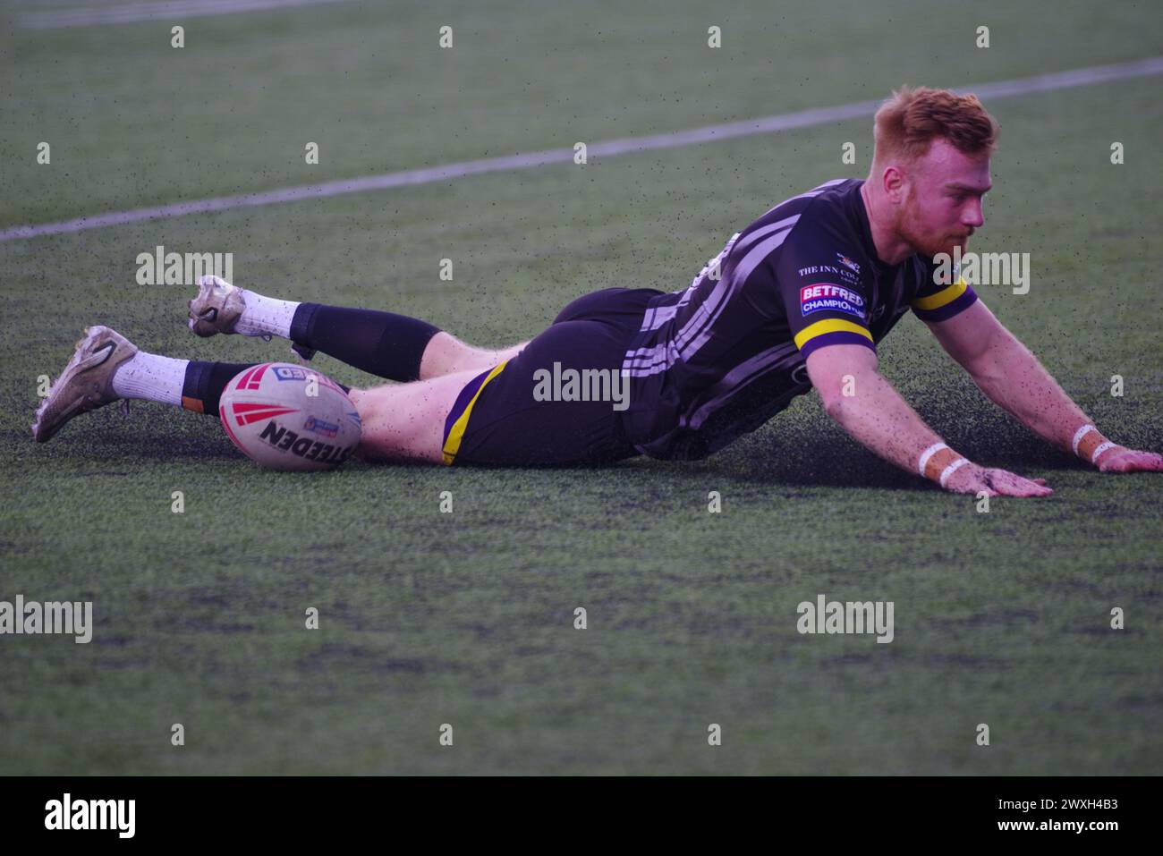 Newcastle upon Tyne, 30. März 2024. Alex Donaghy erzielte einen Versuch für Newcastle Thunder während des Ligaspiels gegen Workington Town im Kingston Park. Quelle: Colin Edwards Stockfoto