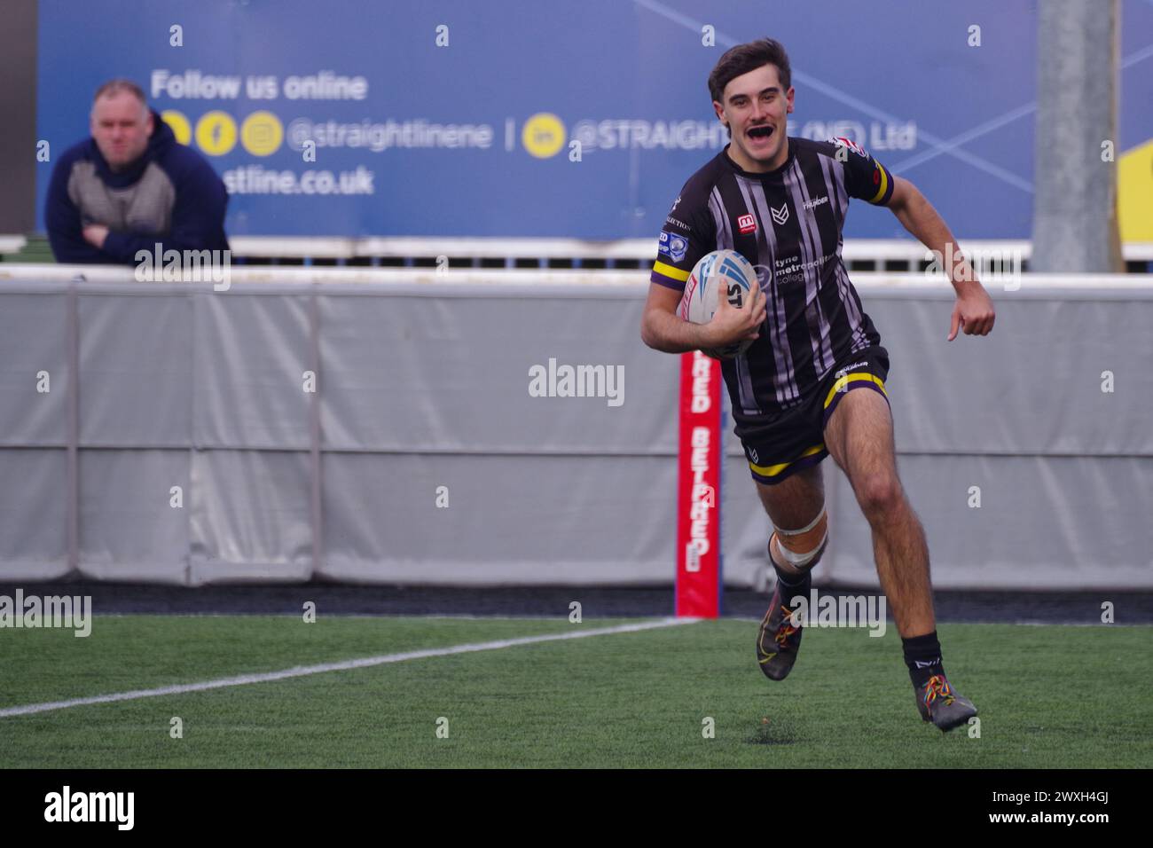 Newcastle upon Tyne, 30. März 2024. Luke Jeremy erzielte einen Versuch für Newcastle Thunder während eines Liga-1-Spiels gegen Workington Town im Kingston Park. Quelle: Colin Edwards Stockfoto