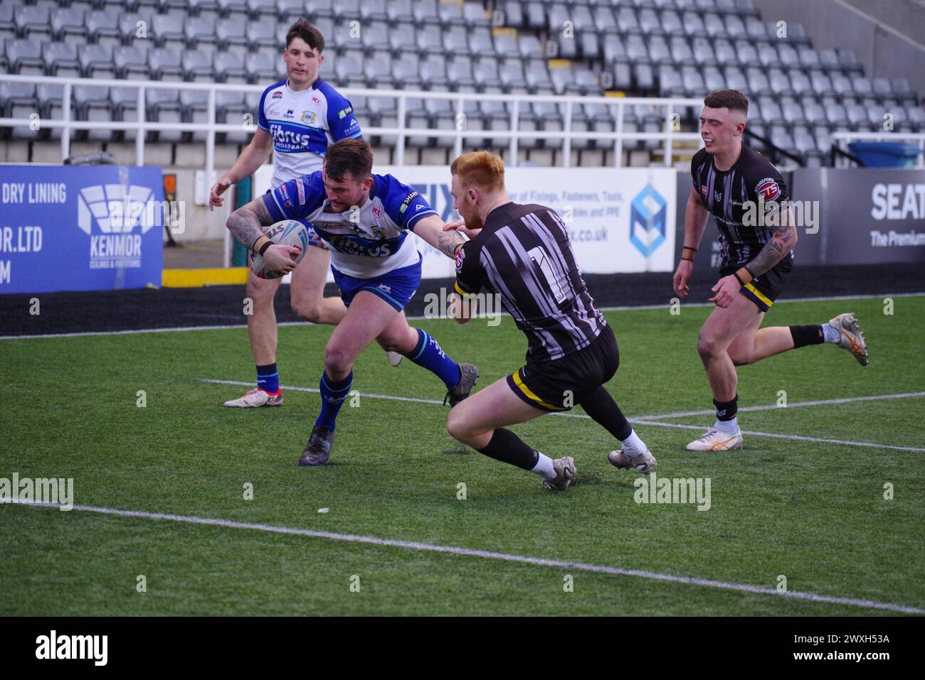 Newcastle upon Tyne, 30. März 2024. Liam McNicholas erzielte einen Versuch für Workington Town während ihres Liga-1-Spiels gegen Newcastle Thunder im Kingston Park. Quelle: Colin Edwards Stockfoto