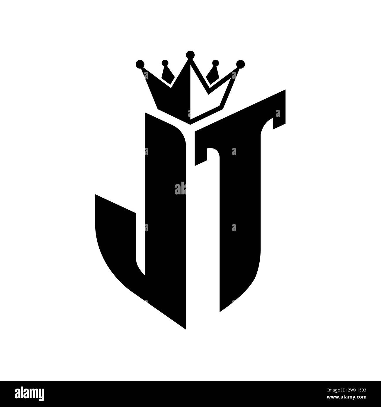 JT Letter Monogramm mit Schildform mit kronenförmiger schwarzer und weißer Farbvorlage Stockfoto