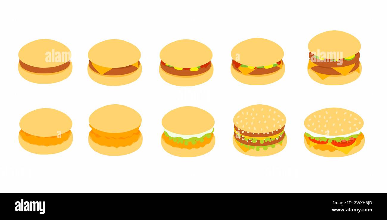 Sammlung verschiedener Burger im Cartoon Flat Style. Hamburger, Cheeseburger, Hühnchenburger, Doppelkotelett, großer Burger. Vektorsymbole isoliert auf wh Stock Vektor