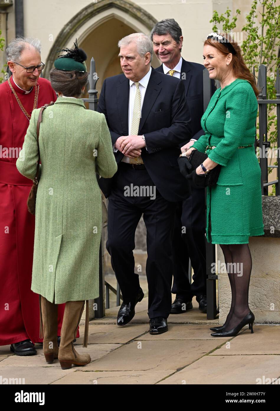 Windsor, Großbritannien. März 31 2024. Prinz Andrew, Prinzessin Anne und die Herzogin von York, die am Ostersonntag in der St.-GeorgeÕs-Kapelle auf Schloss Windsor am Ostersonntag am Mattins-Ostergottesdienst teilnahmen. Quelle: Doug Peters/EMPICS/Alamy Live News Stockfoto