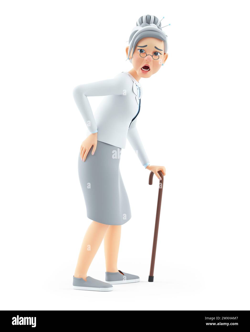3D-Cartoon-Oma leidet unter Rückenschmerzen, Illustration isoliert auf weißem Hintergrund Stockfoto