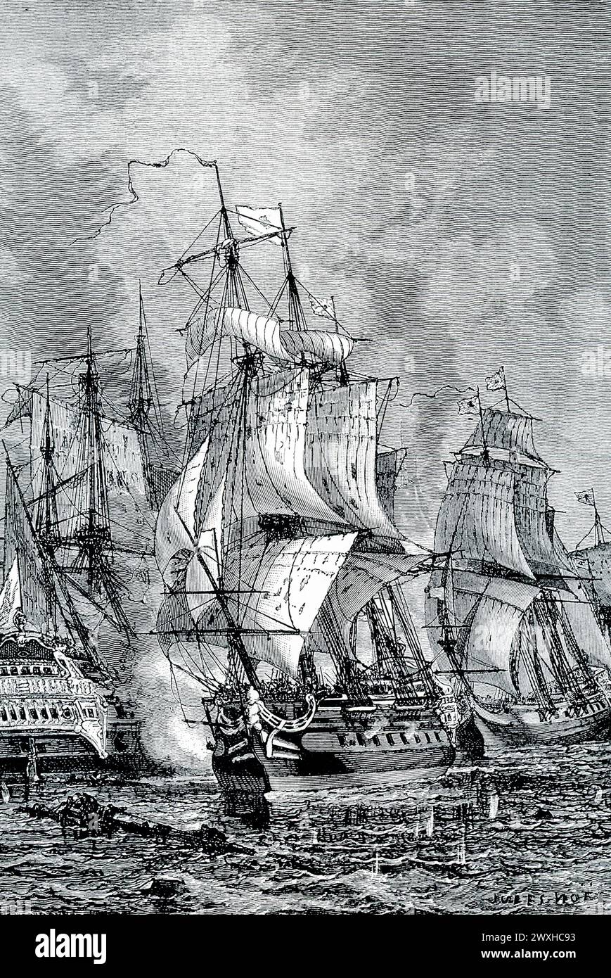 Die Bildunterschrift der frühen 1900er Jahre lautet: „BLAKES MARINESIEG ÜBER VAN TROMP, 1653. – Während Cromwells Zeit hatten die Holländer und Engländer ihren epischen Kampf um die Beherrschung der Meere. Die Hollanders besiegten den berühmten englischen Admiral Blake, und man sagt, dass Van Tromp einen Besen an den Masthead hob, als Zeichen, dass er die Engländer aus dem Meer gefegt hatte. Aber Blake hatte seine Rache, indem er Van Tromps Flotte vor Portsmouth besiegte und bald darauf die Engländer ihre alten Rivalen völlig überbegeistert hatten.“ Beide Seiten gewannen den Sieg in der Schlacht bei Scheveningen. Stockfoto