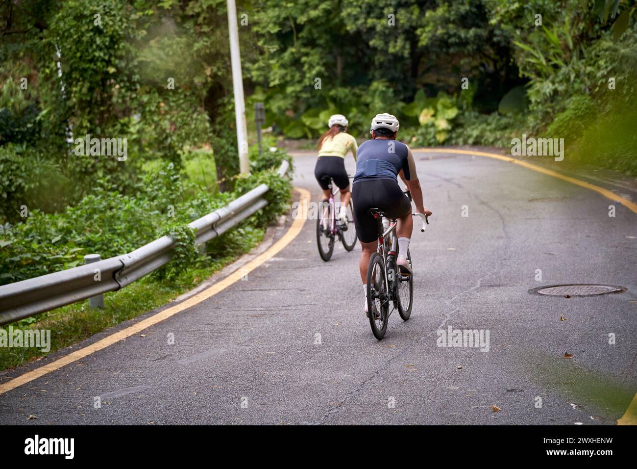 Rückansicht junger asiatischer Radfahrer, die auf Landstraßen Fahrrad fahren Stockfoto