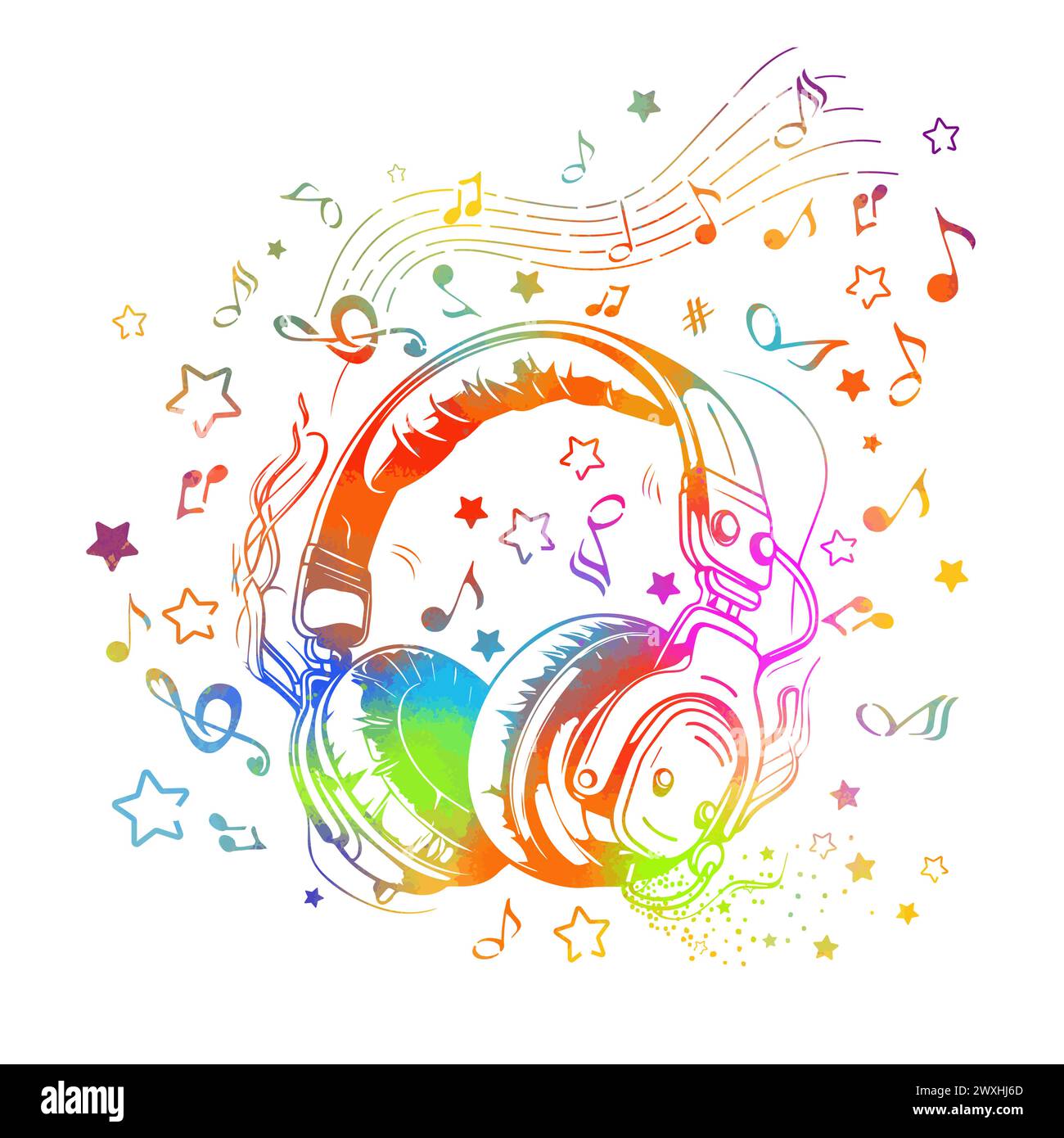 Musikdesign. Abstraktion farbige Musik. Kopfhörer und Notizen. T-Shirt-Druck. Handzeichnung. Nicht AI. Vektorabbildung Stock Vektor