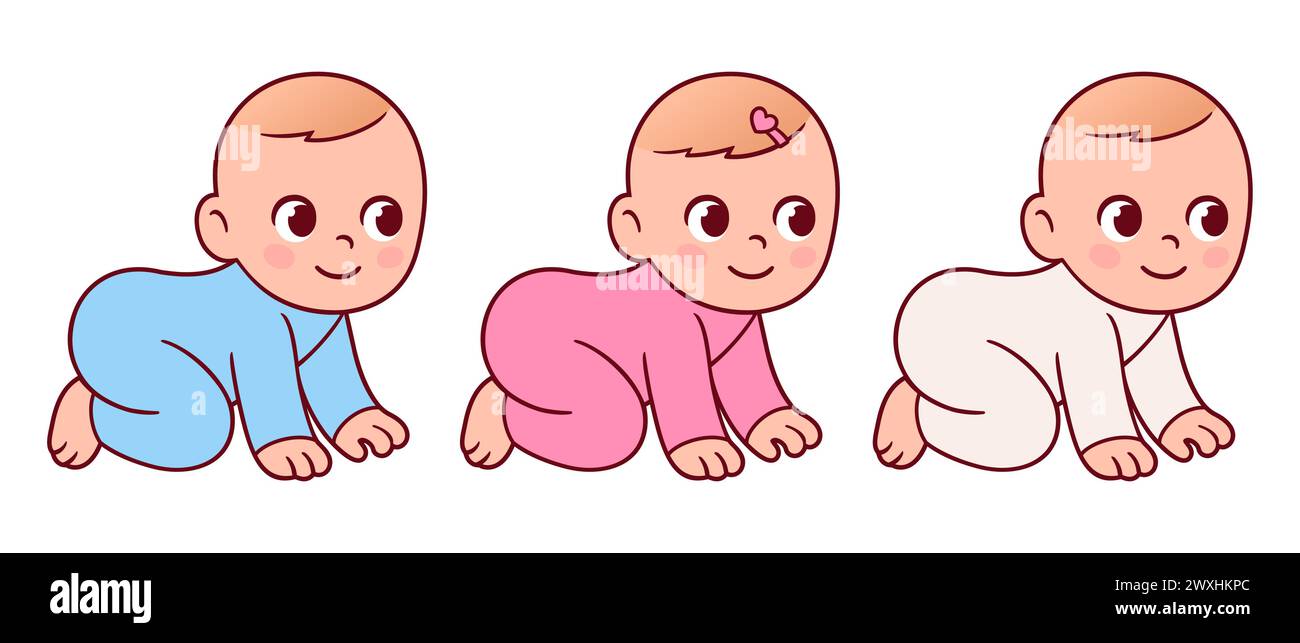 Niedliche Zeichentrick-Krabbelmädchen und Jungen in blau, rosa und geschlechtsneutralen Einteiler. Babyfarbzeichnung. Illustration von Vektorclips. Stock Vektor