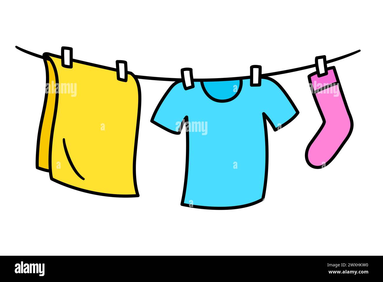 Kleidung hängt zum Trocknen auf der Wäscheleine, einfache Doodle-Zeichnung. Leuchtendes Symbol für die Wäscherei in Zeichentricksachen Handgezeichnete Vektorgrafik. Stock Vektor