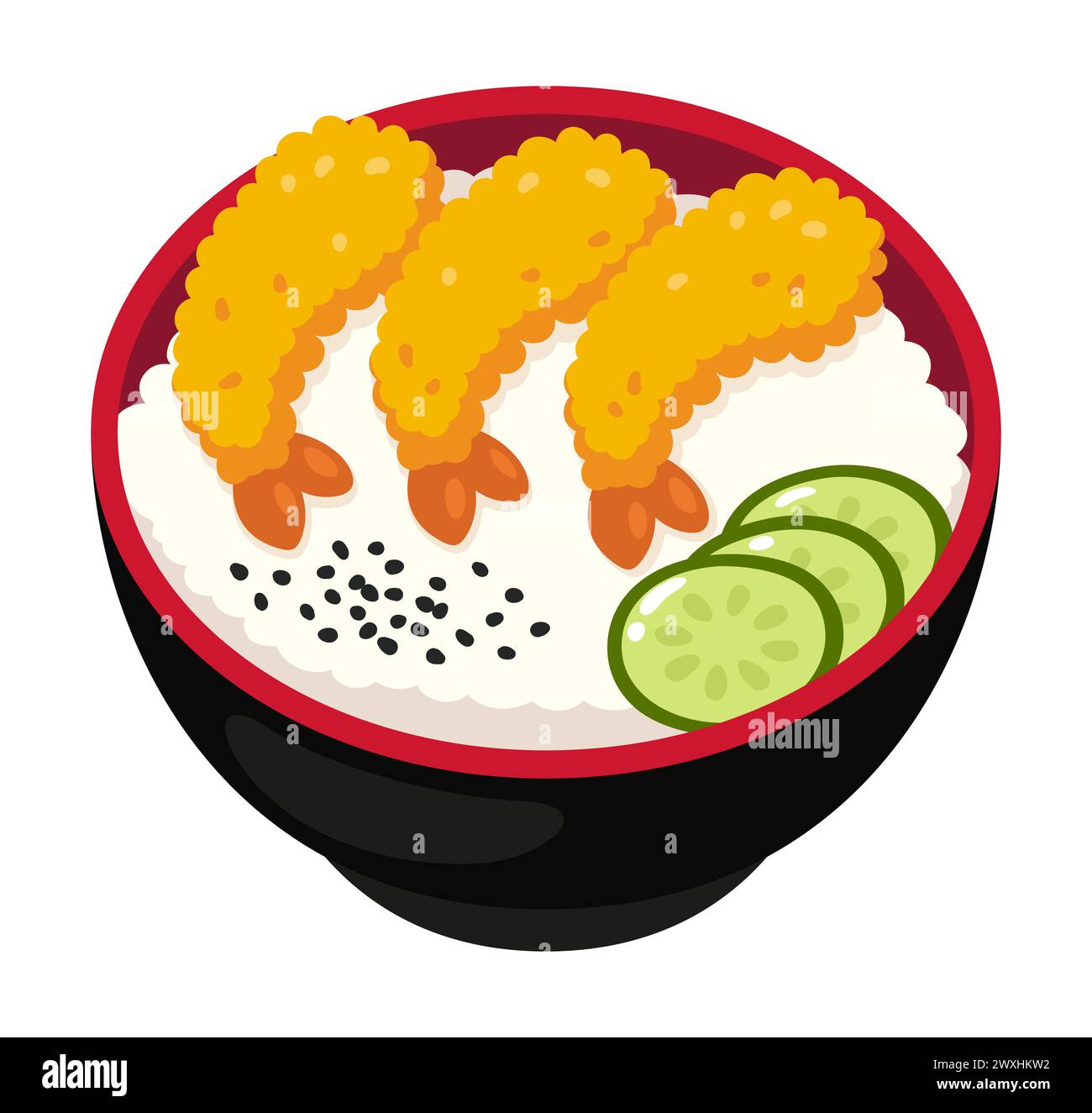 Tempura gebratene Garnelen und Reisschale, japanisches Essen. Illustration des Zeichentrickvektors. Stock Vektor
