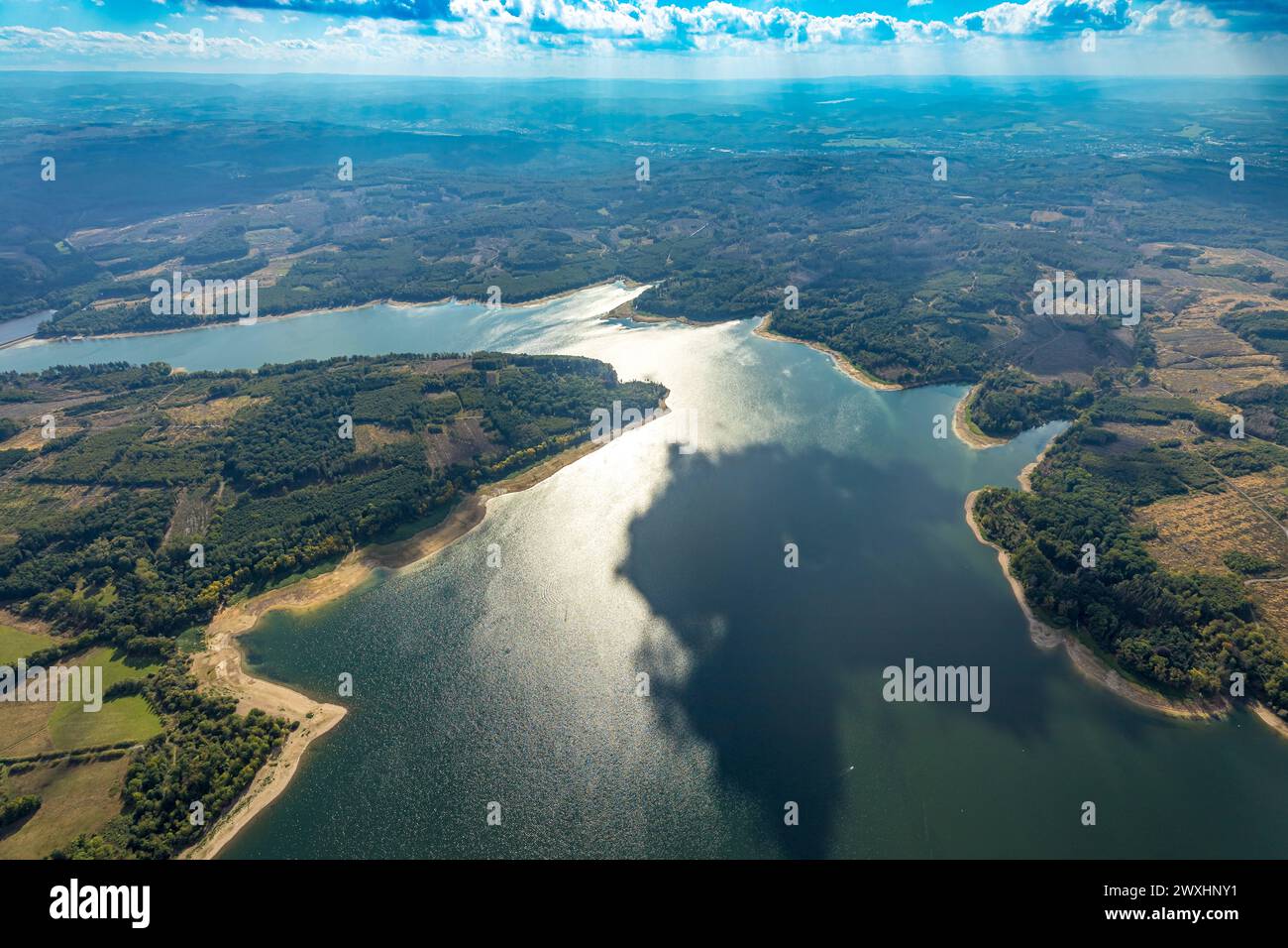 Luftbild Möhnesee Südufer mit Friedwald und Baumschäden, Friedhof, Dürre im Wald, Stausee, Borkenkäferbefall, Baumbestattung, Möhnesee, Nordrhein-Westfalen, Deutschland, ACHTUNGxMINDESTHONORARx60xEURO *** Luftansicht Möhnesee Südküste mit Friedhofswald und Baumschäden, Friedhof, Dürre im Wald, Stausee, Rindenkäfer-Befall, Baumbeerdigung, Möhnesee, Nordrhein-Westfalen, Deutschland, ATTENTIONxMINDESTHONORARx60xEURO Stockfoto