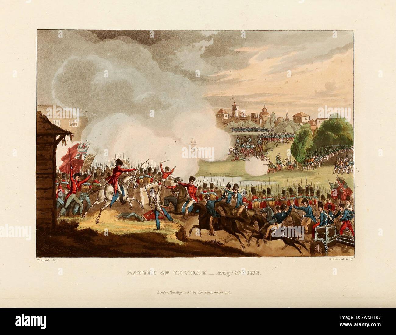 Schlacht von Sevilla, 27. August 1812. Vintage farbiger Aquatint, veröffentlicht von James Jenkins, 1815, aus den kriegerischen Leistungen Großbritanniens und ihrer Verbündeten : von 1799 bis 1815. Stockfoto