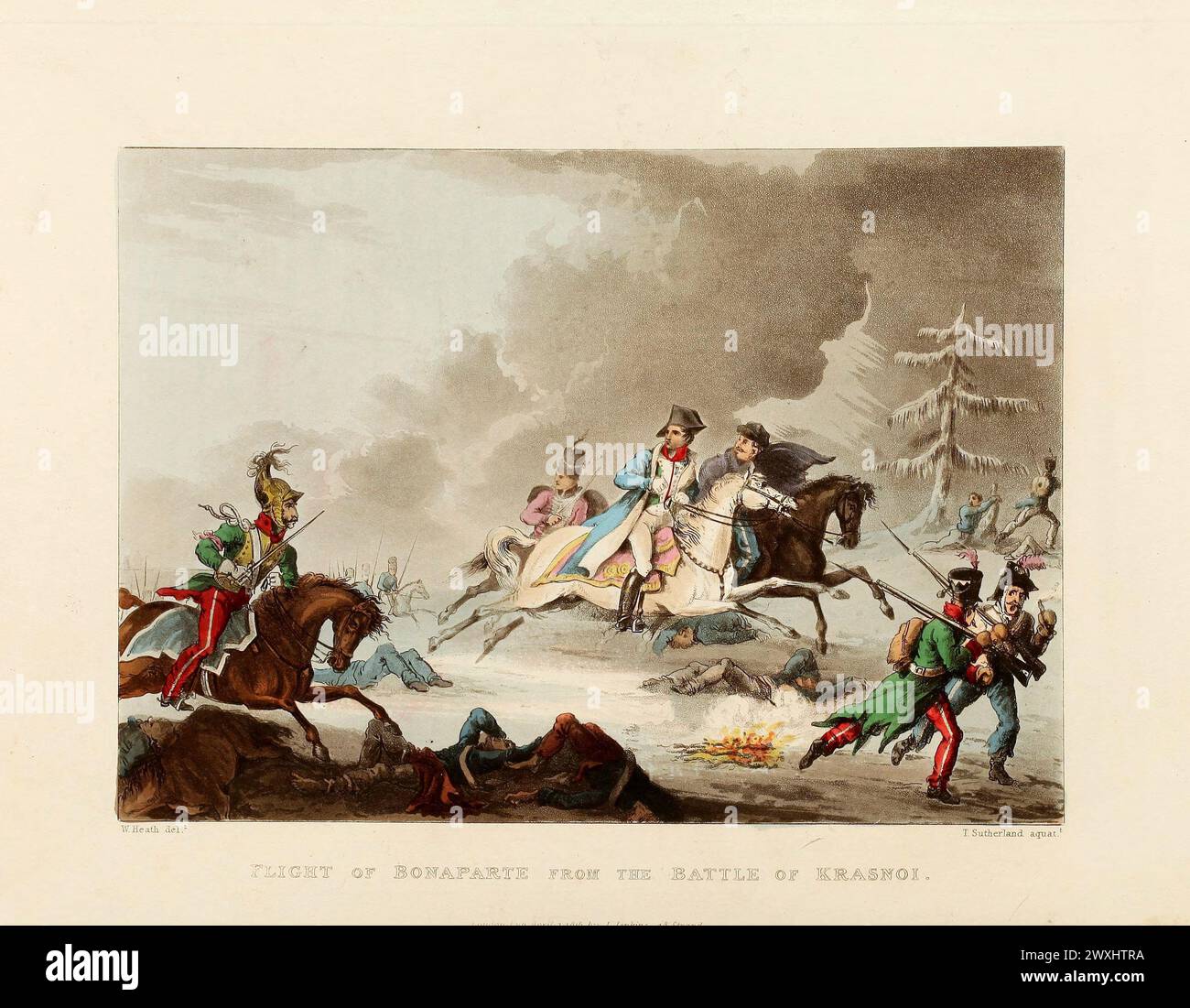 Flug von Napoleon Bonaparte aus der Schlacht von Krashnoi, November 1812. Vintage farbiger Aquatint, veröffentlicht von James Jenkins, 1815, aus den kriegerischen Leistungen Großbritanniens und ihrer Verbündeten : von 1799 bis 1815. Stockfoto