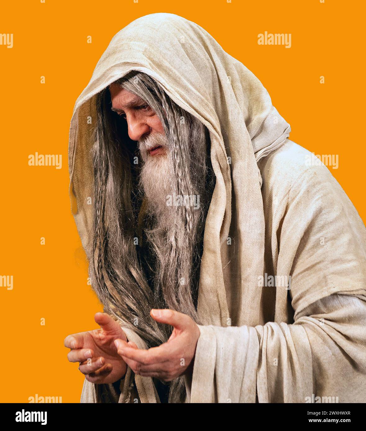 Porträt eines alten Mannes mit einem Bart und langen Haaren, gekleidet in einem hellbraunen kapuzenumhang. Farbenfroher gelber Hintergrund. Mark Dunn / Mark Dunn Fotografie Stockfoto