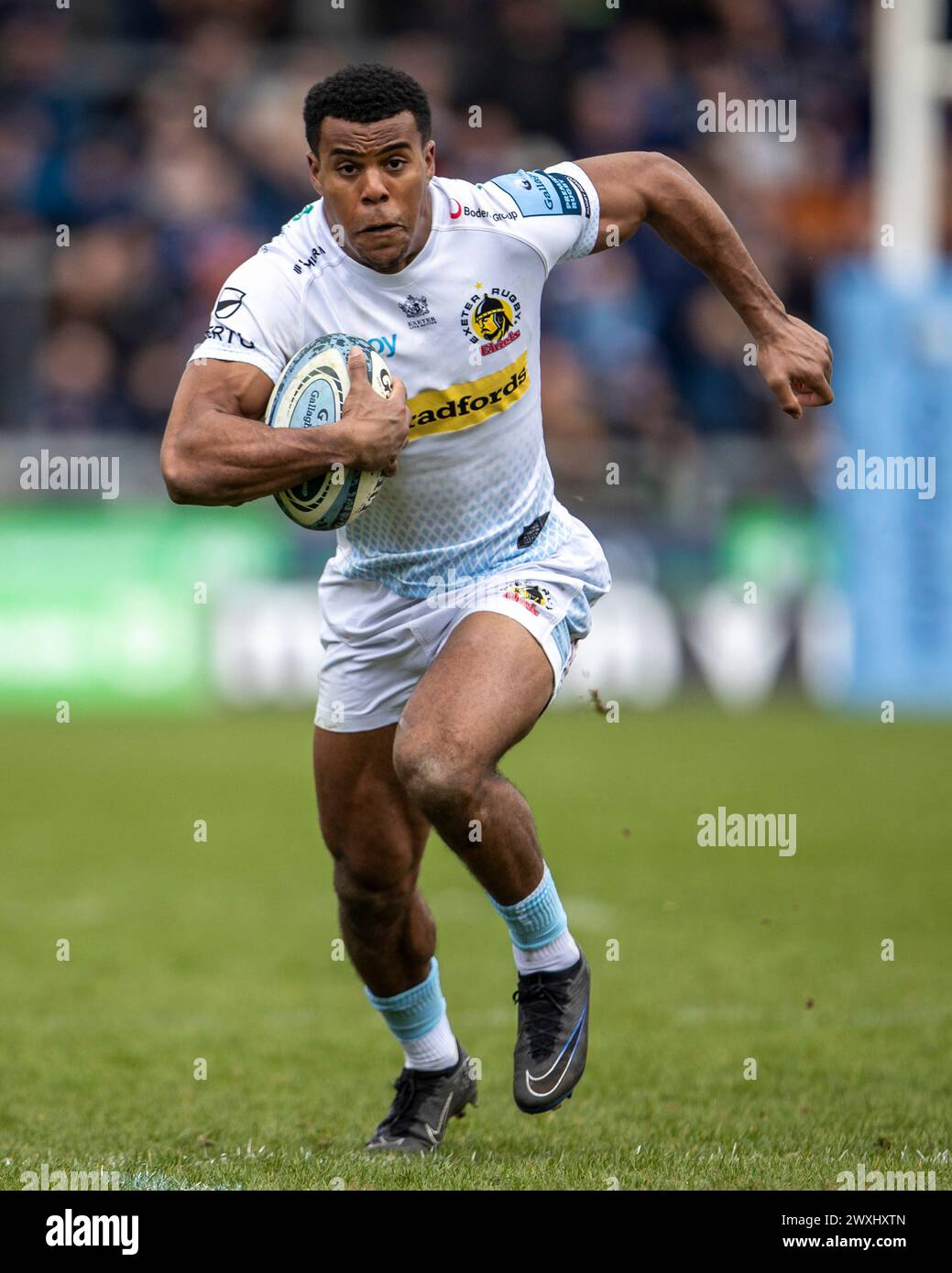 Salford, Lancashire, Großbritannien. 31. März 2024; Salford Community Stadium, Salford, Lancashire, England; Gallagher Premiership Rugby, Sale Sharks versus Exeter Chiefs; Immanuel Feyi-Waboso von Exeter Chiefs Credit: Action Plus Sports Images/Alamy Live News Stockfoto