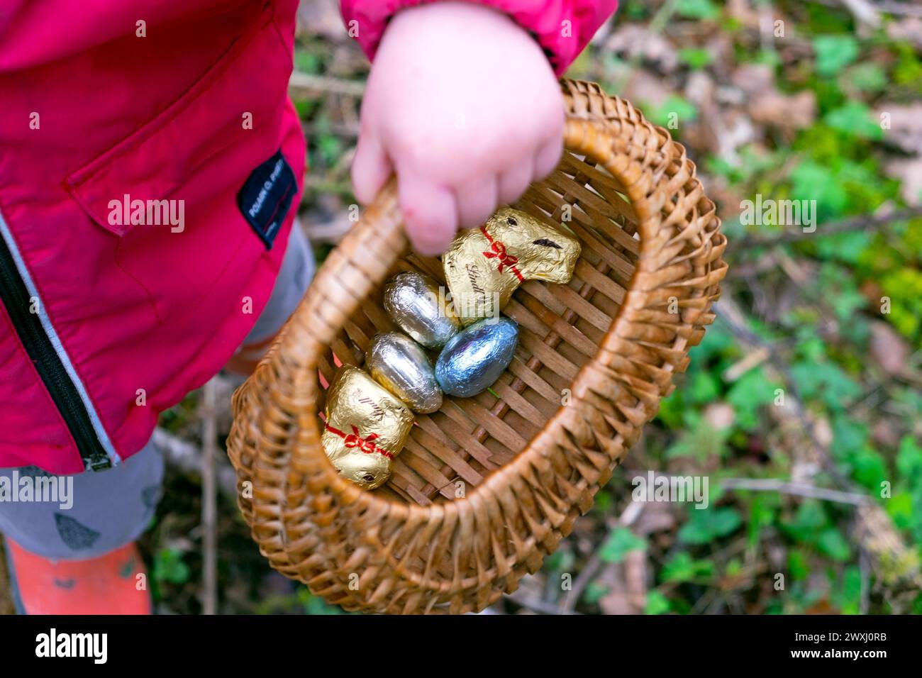 Ostereierjagd Kinder Kind mit Korb Schokolade Ostereier in Carmarthenshire Wales March Garden 2024 Großbritannien KATHY DEWITT Stockfoto