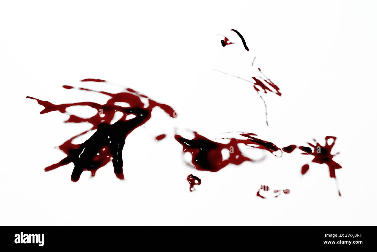 3D-Darstellung von Blutflecken, Spritzern oder Spritzern für Tatort- oder Gewaltkonzept Stockfoto