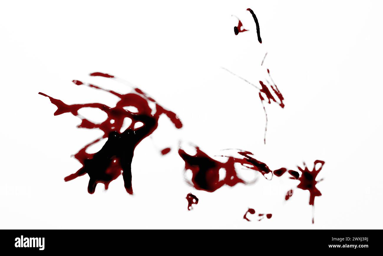 3D-Darstellung von Blutflecken, Spritzern oder Spritzern für Tatort- oder Gewaltkonzept Stockfoto