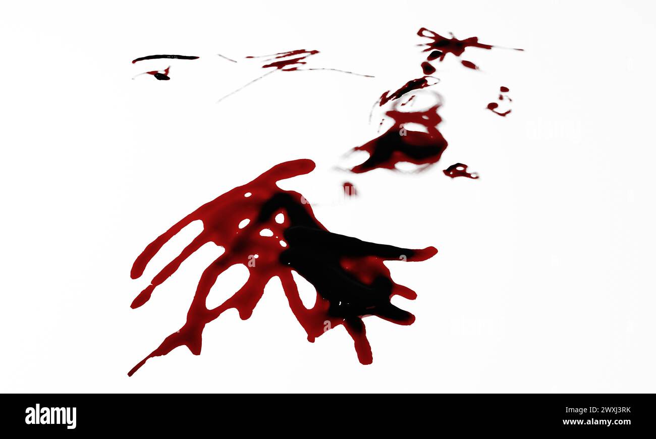 3D-Darstellung von Blutflecken, Spritzern oder Spritzern für Tatort- oder Gewaltkonzept Stockfoto