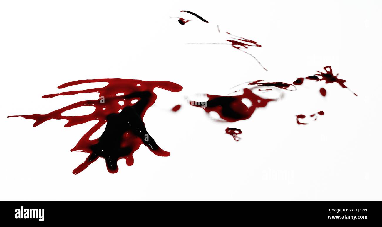 3D-Darstellung von Blutflecken, Spritzern oder Spritzern für Tatort- oder Gewaltkonzept Stockfoto