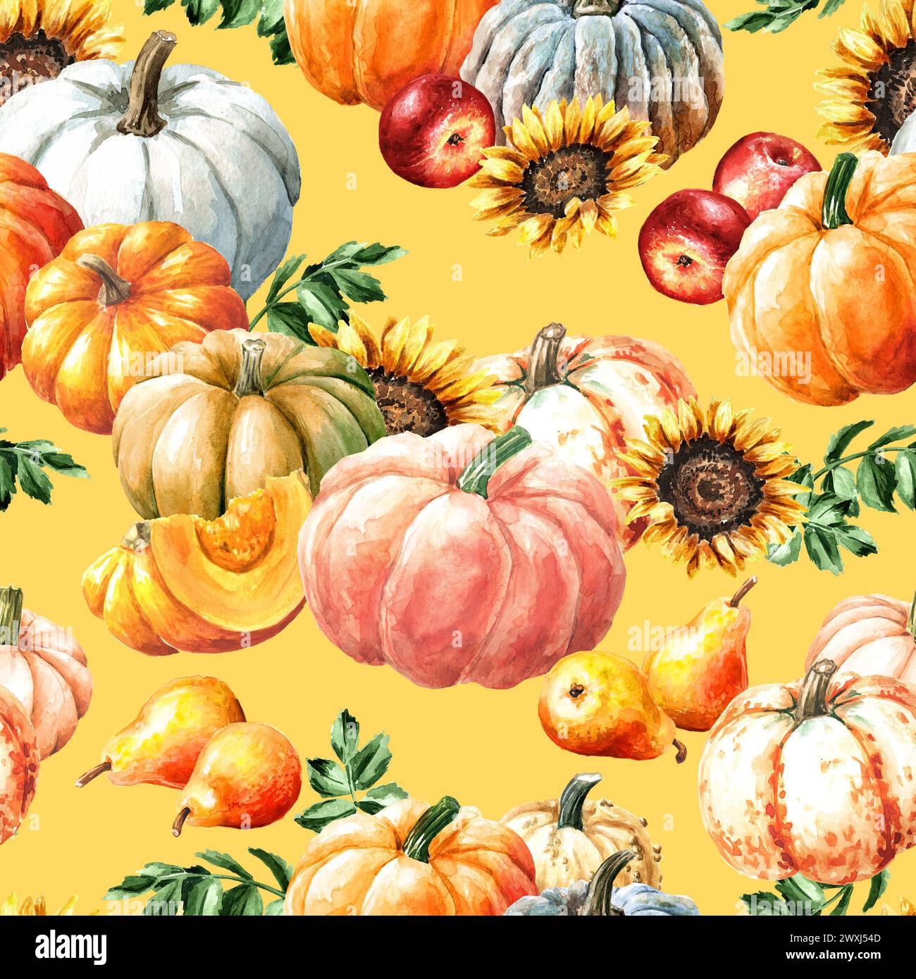 Kürbisernte im Herbst. Handgezeichnetes nahtloses Aquarellmuster Stockfoto