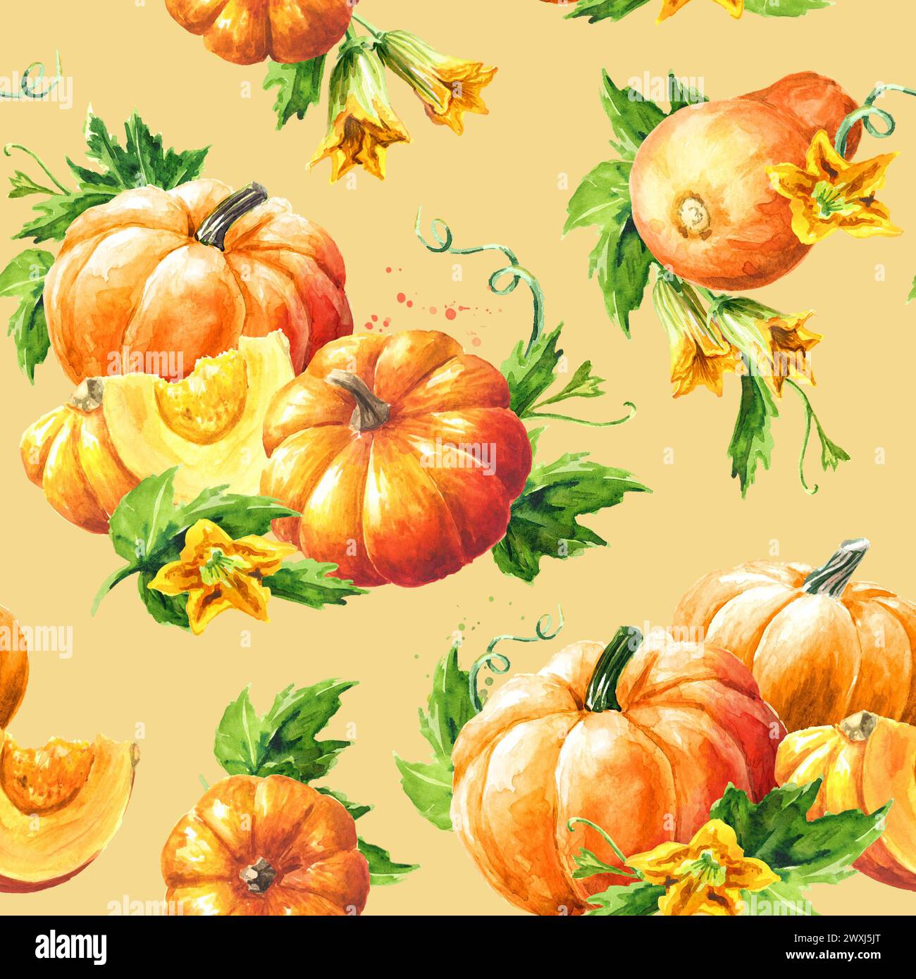 Kürbisernte im Herbst. Handgezeichnetes nahtloses Aquarellmuster Stockfoto
