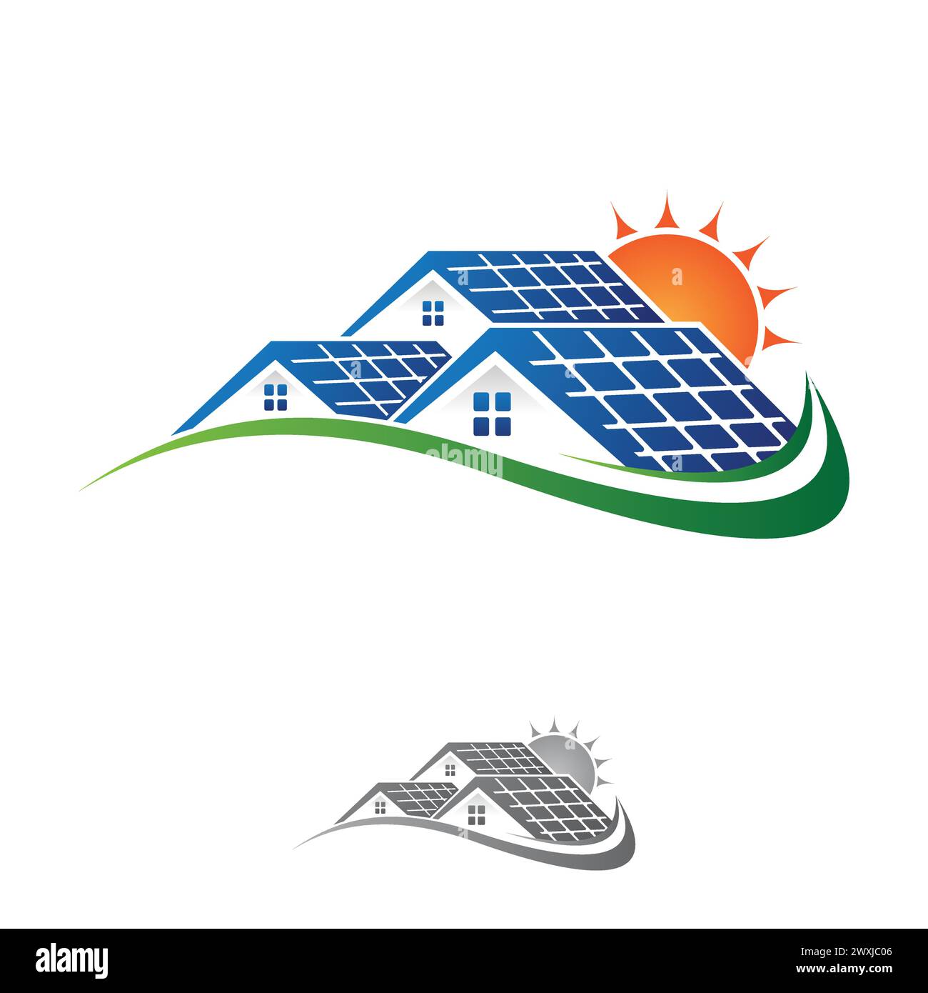 Solar-Haus und Sonne sparen Energie Strom und natürlichen Strom Solarbatterie. Recycling-Energietechnik für den Umweltschutz der Erde. Ve Stock Vektor