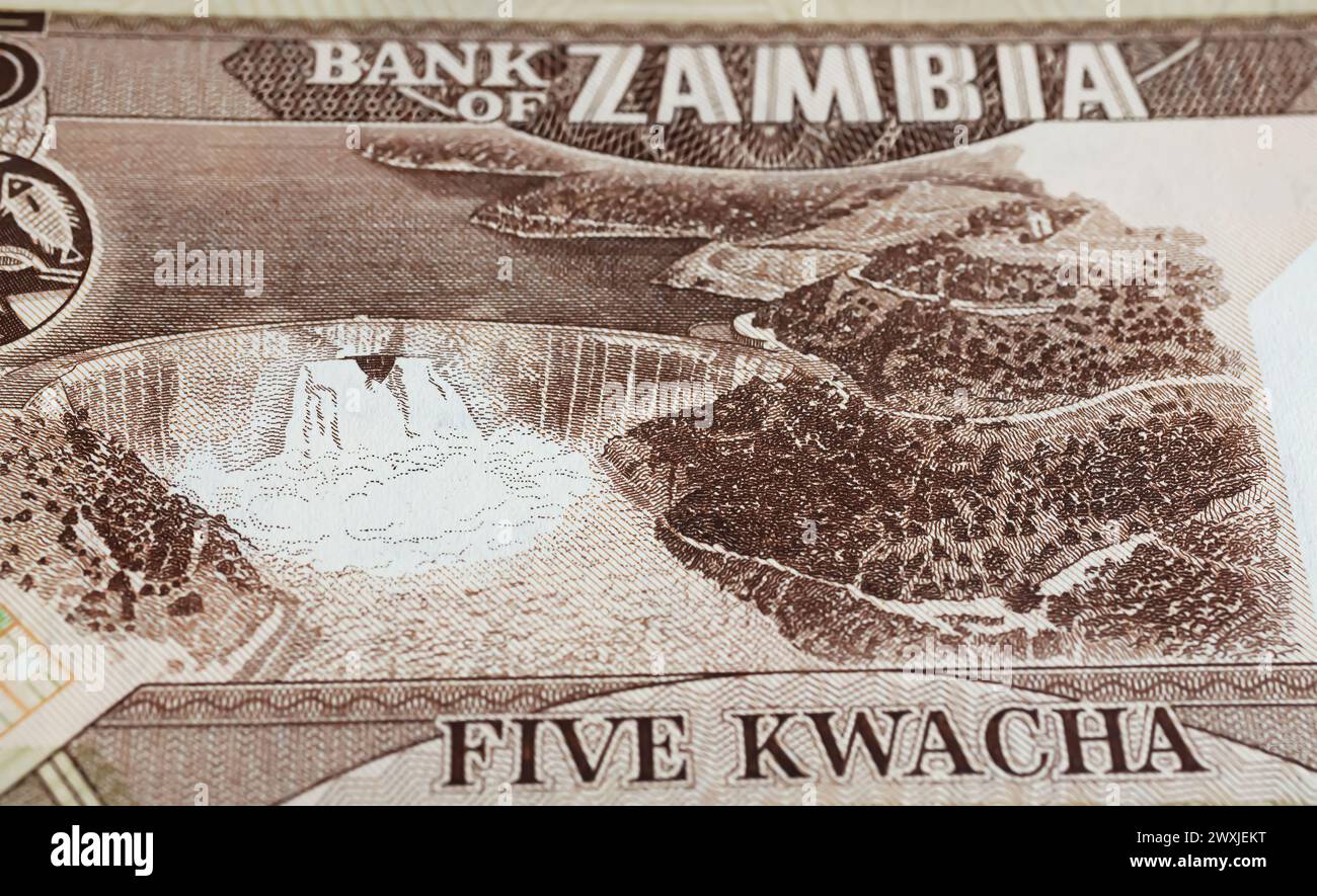 Victoria Falls auf Sambia 5-Kwacha-Banknote (Schwerpunkt auf Mitte) Stockfoto