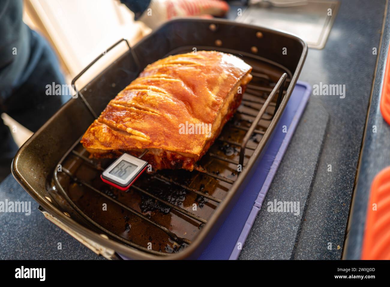 Oberflächlicher Fokus auf den Punkt, an dem ein Thermometer in einen Schweinelendchen eindringt, damit die Temperatur des gekochten Fleisches gemessen werden kann. Stockfoto