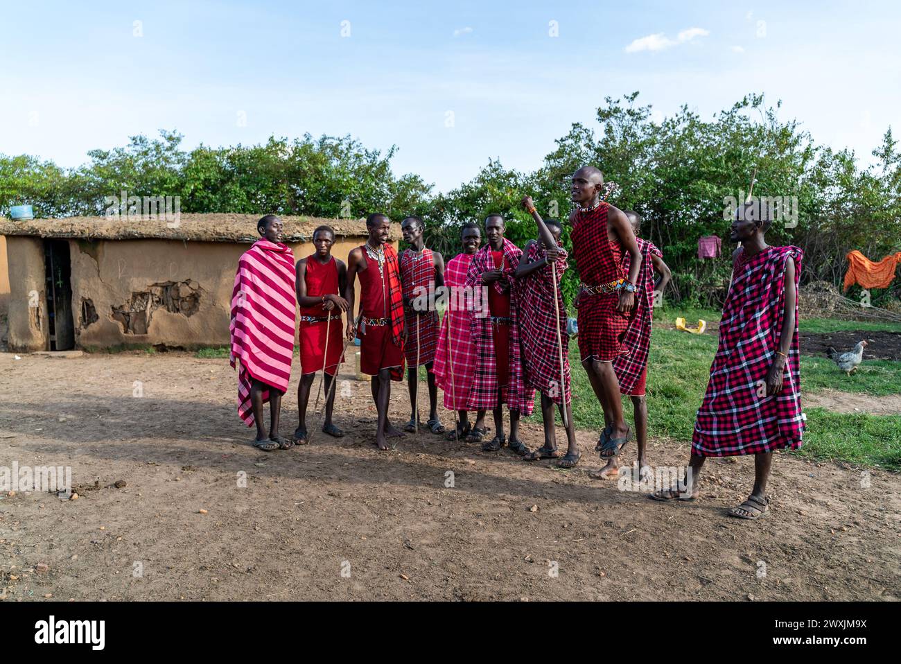 Masai-Stammesmitglieder springen während einer rituellen Feier in kenia masai Mara afrika Stockfoto