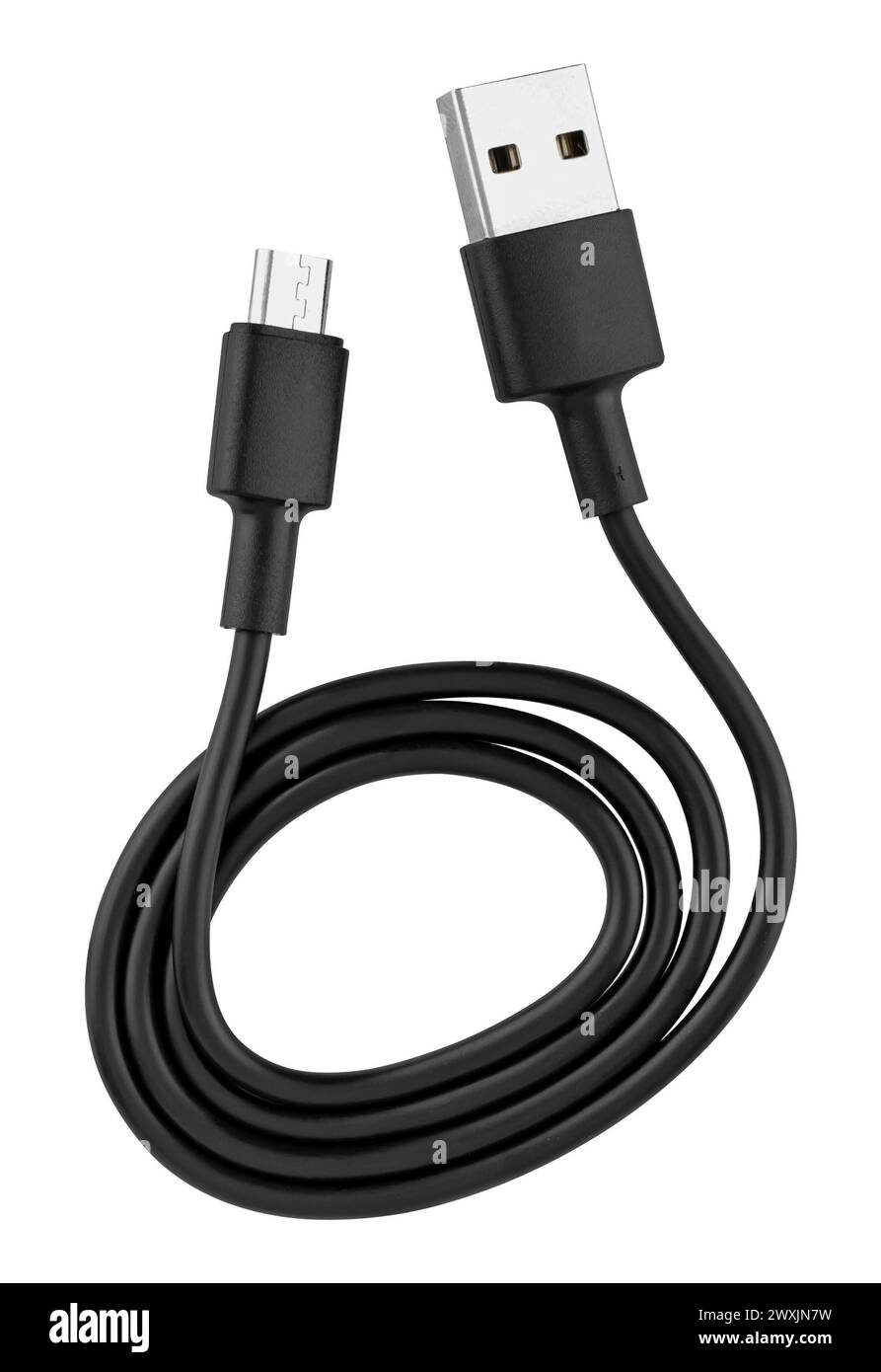 USB- und Micro-USB-Kabel und -Anschluss auf weißem Hintergrund Stockfoto