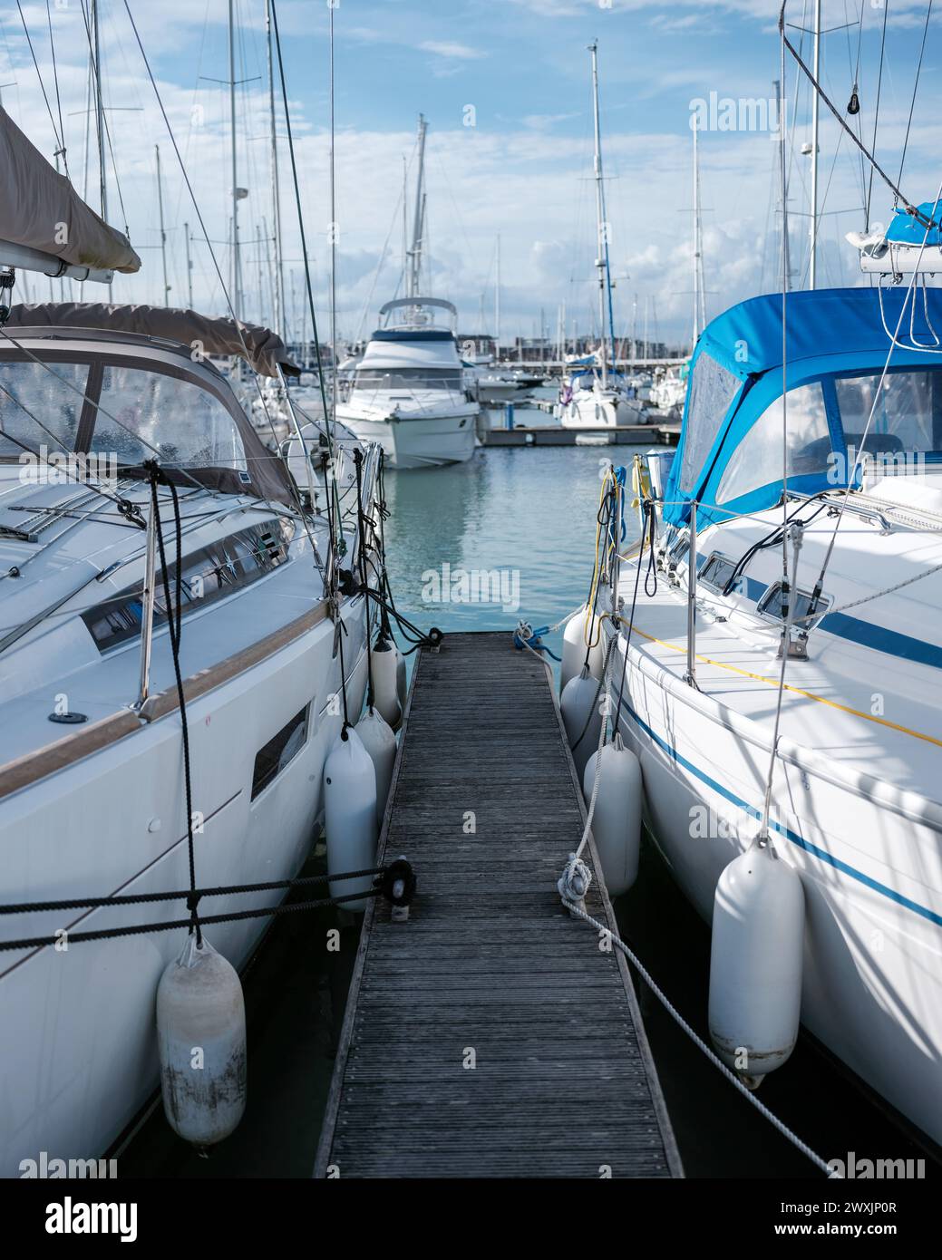 Yachten in einem Yachthafen in Solent, Großbritannien Stockfoto