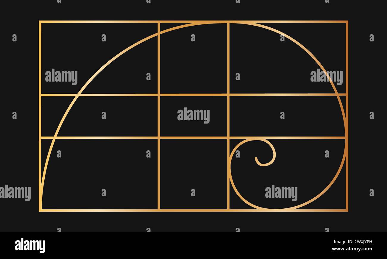 Vorlage „Golden Ratio“. Goldene logarithmische Spirale in rechteckigem Rahmen, geteilt auf Linien. Fibonacci-Sequenzraster. Perfekt symmetrische Proportionen. Natürliche Harmonie grafische Formel. Vektorabbildung. Stock Vektor