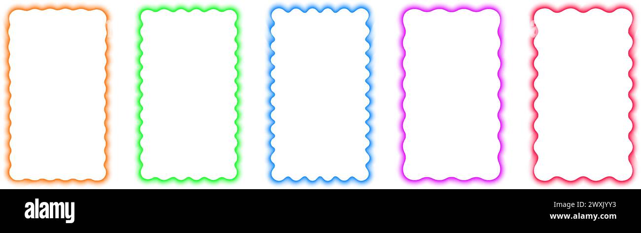 Set aus farbigen rechteckigen Rahmen mit welligen Rändern. Wackelige rechteckige Formen mit verschwommenem Aura-Effekt. Leere Textfelder oder Webbanner-Vorlagen mit weichen Verlaufskanten. Vektorgrafik. Stock Vektor