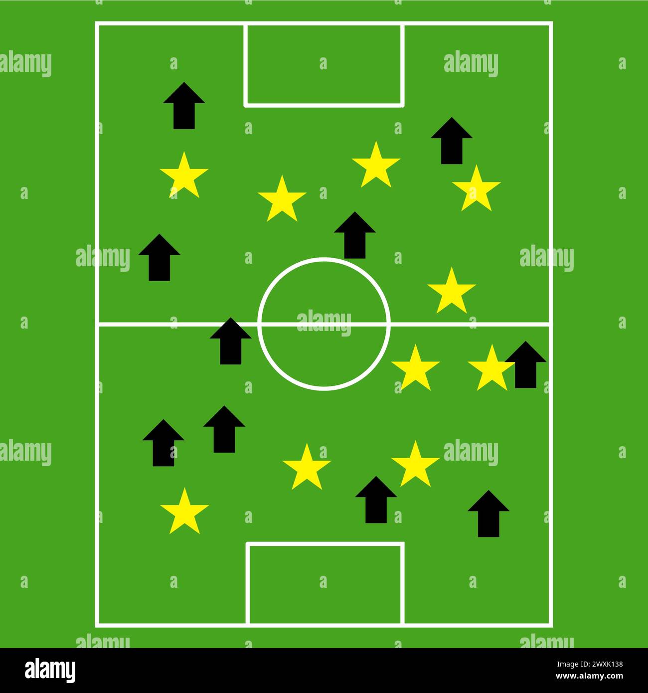 Fußball-Taktik-Brett mit Pfeilen und Sternen gezeichnet, Fußball/Fußball-Strategie-Plan-Brett-Vektor in grüner Farbe Stock Vektor