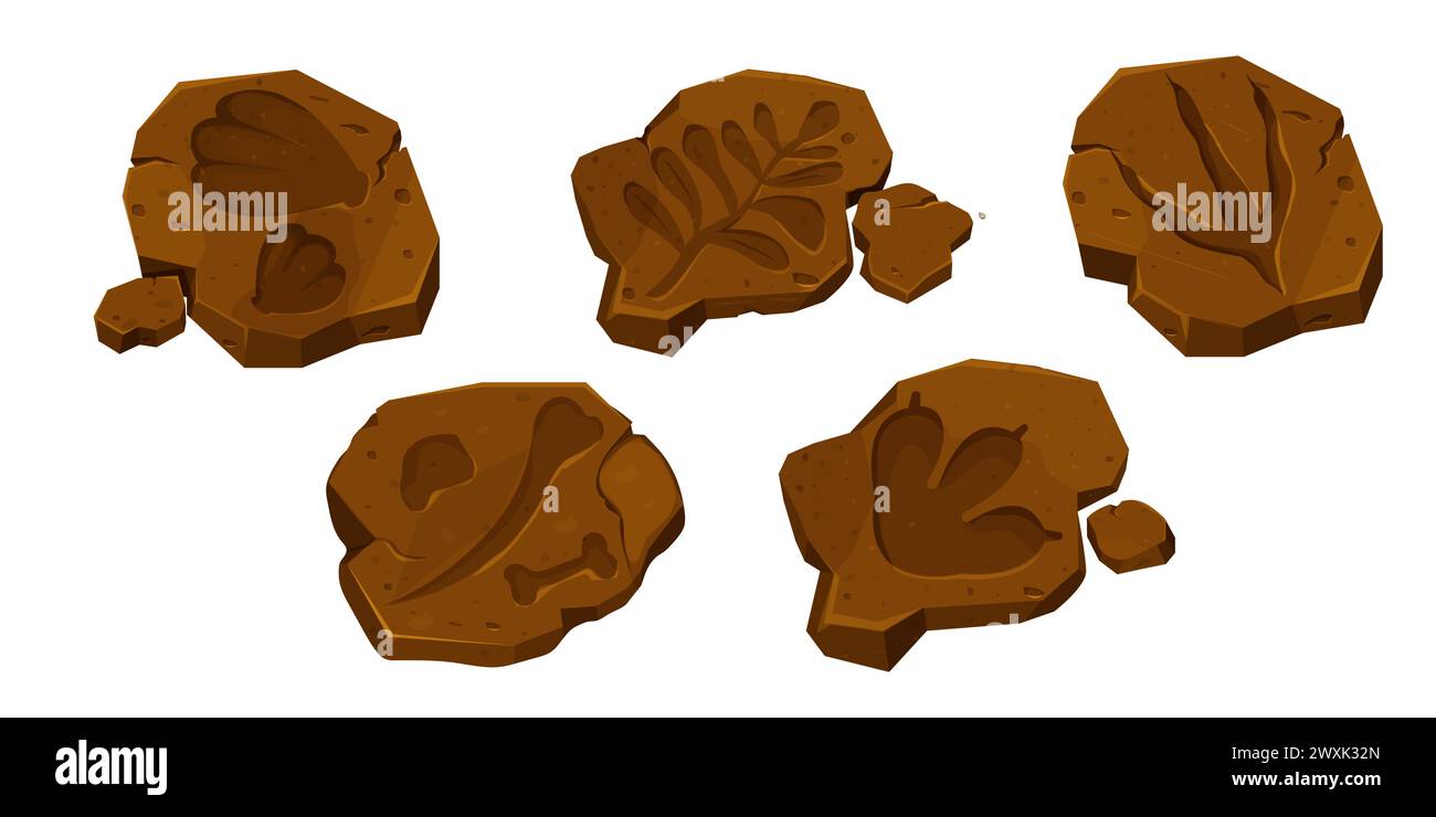 Set Dinosaurier Fossil, Pfotenabdruck, Reptilienfußweg isoliert auf weißem Hintergrund. Archäologische und paläontologische Funde. Vektorabbildung Stock Vektor