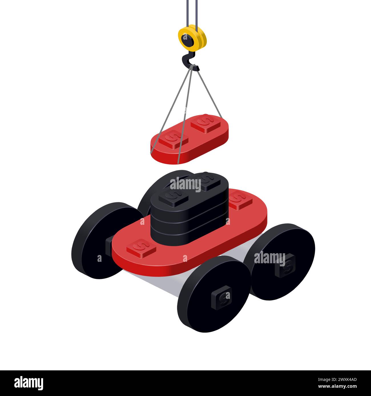 Produktionskonzept eines Mähroboters auf weißem Hintergrund. Vektor Stock Vektor