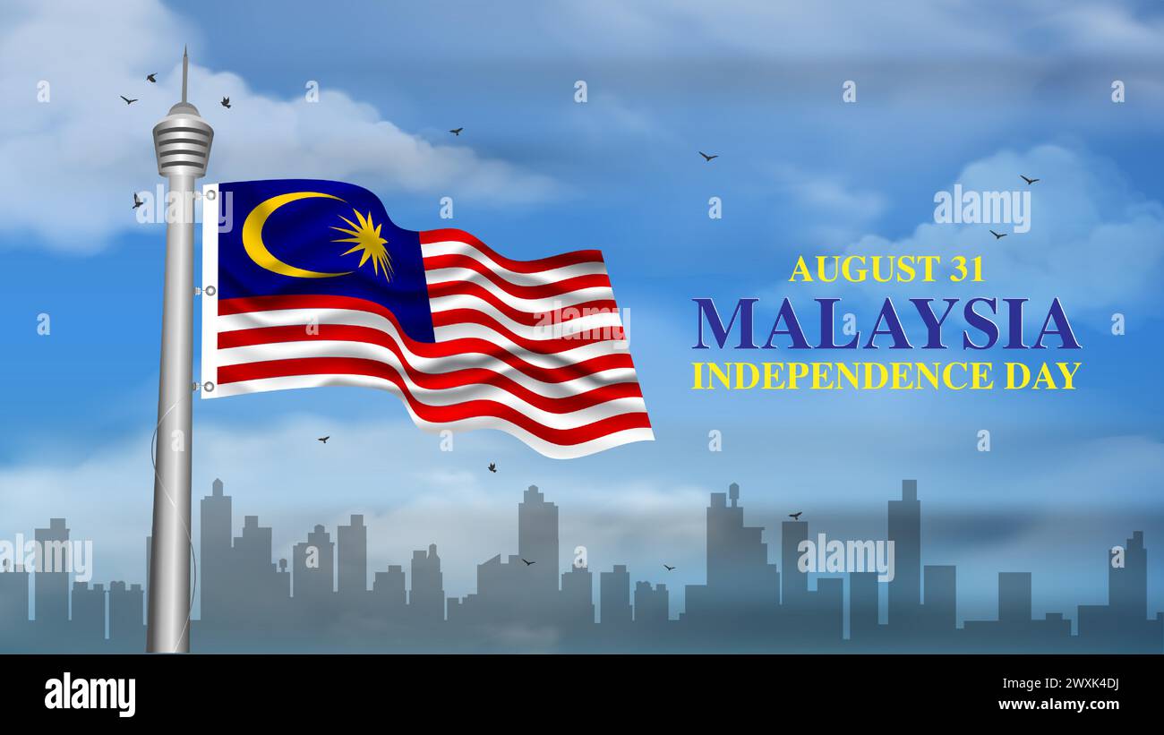 Malaysia Unabhängigkeitstag Banner mit malaysischer Flagge und Silhouette Gebäude Stock Vektor