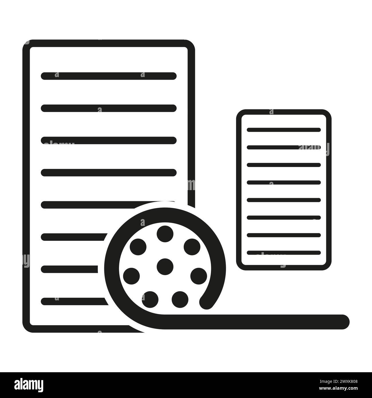 Filmrolle und Dokumentensymbol. Vorproduktionsunterlagen für Kinofilme. Vektorabbildung. EPS 10. Stock Vektor