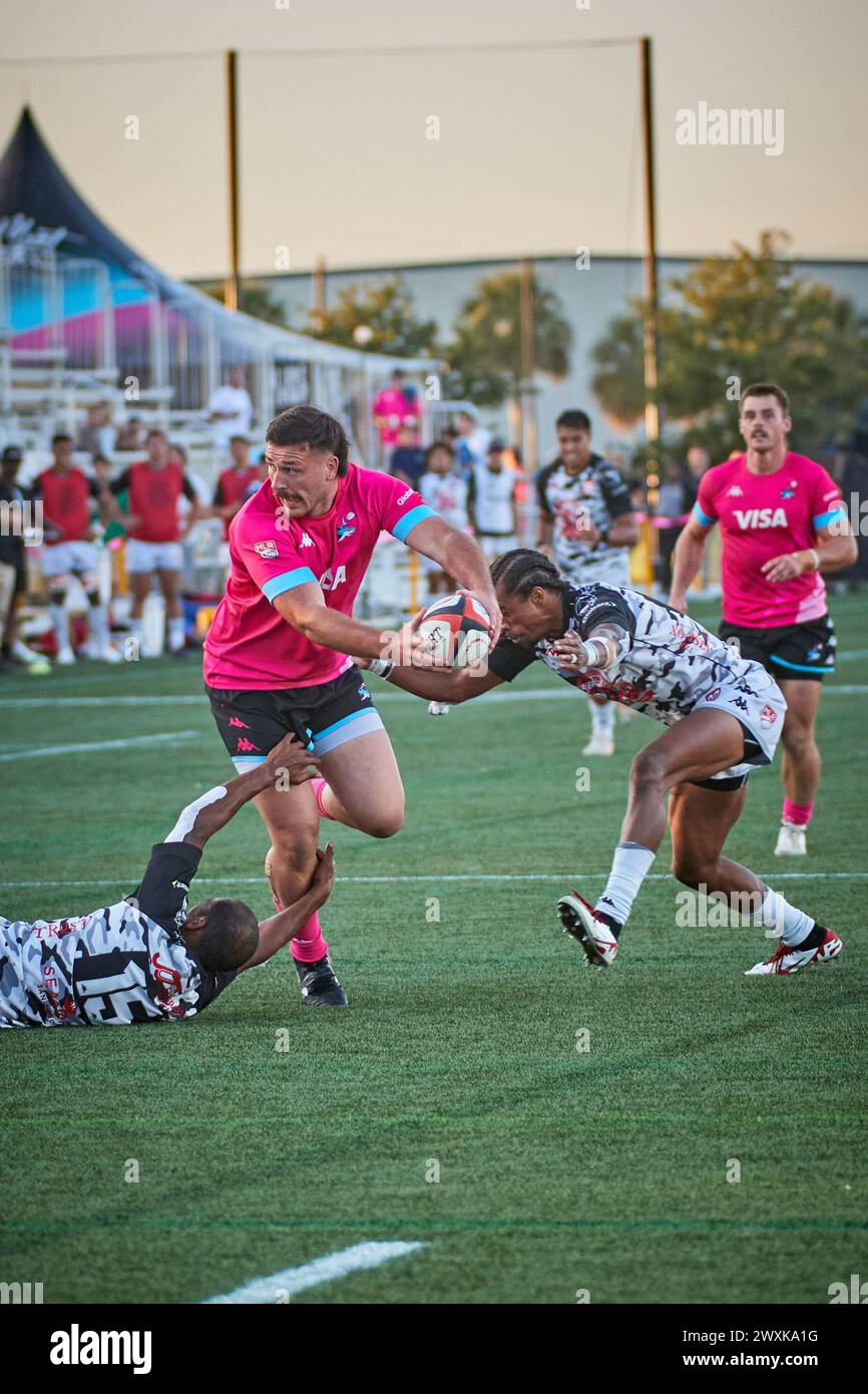 Fort Lauderdale, FL, USA. 31. März 2024. Miami Sharks gegen San Diego Legion reguläre MLR Rugby-Saison 2024 im Florida Blue Training Center, Fort Lauderdale, Florida, USA. Quelle: Yaroslav Sabitov/YES Market Media/Alamy Live News. Stockfoto