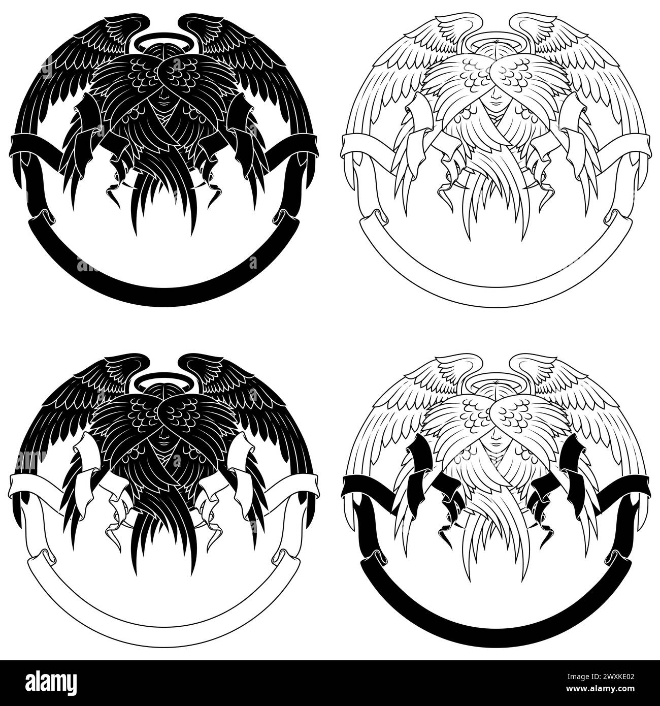 Vektordesign des Angels mit sechs Flügeln und Band, engelhaftes Gesicht der katholischen Religion, geflügelter Erzengel und umgeben von Himmelsrollen Stock Vektor
