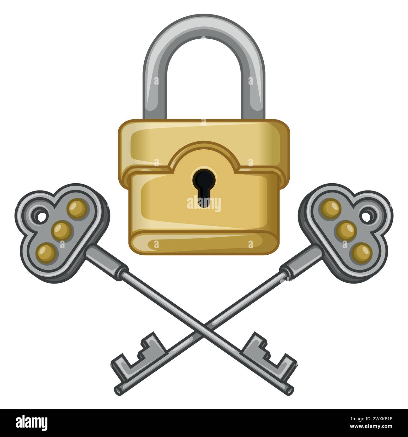 Vektordesign des Metallvorhängeschlosses mit alten Schlüsseln, Vorhängeschloss und Schlüsseln für Schlosser Stock Vektor