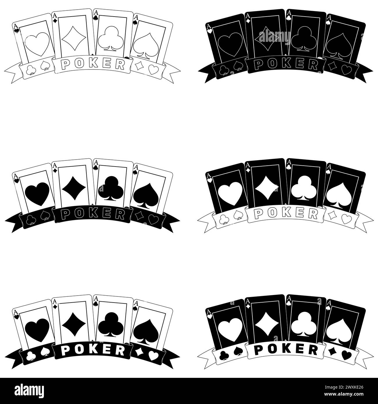 Vektordesign von Pokerkarten mit Bändern, Poker-Symbolen von Herz, Diamant, Klee und Ass Stock Vektor