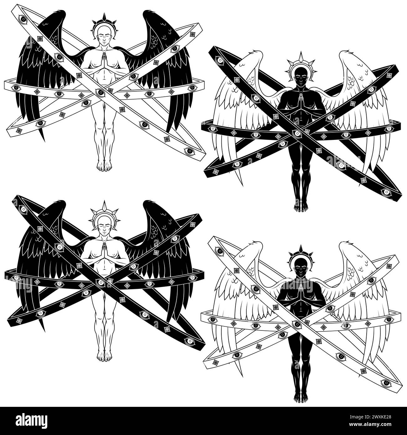 Vektordesign des betenden Engels mit Reifen, Engelthron der katholischen Religion, Erzengel mit Halo Stock Vektor