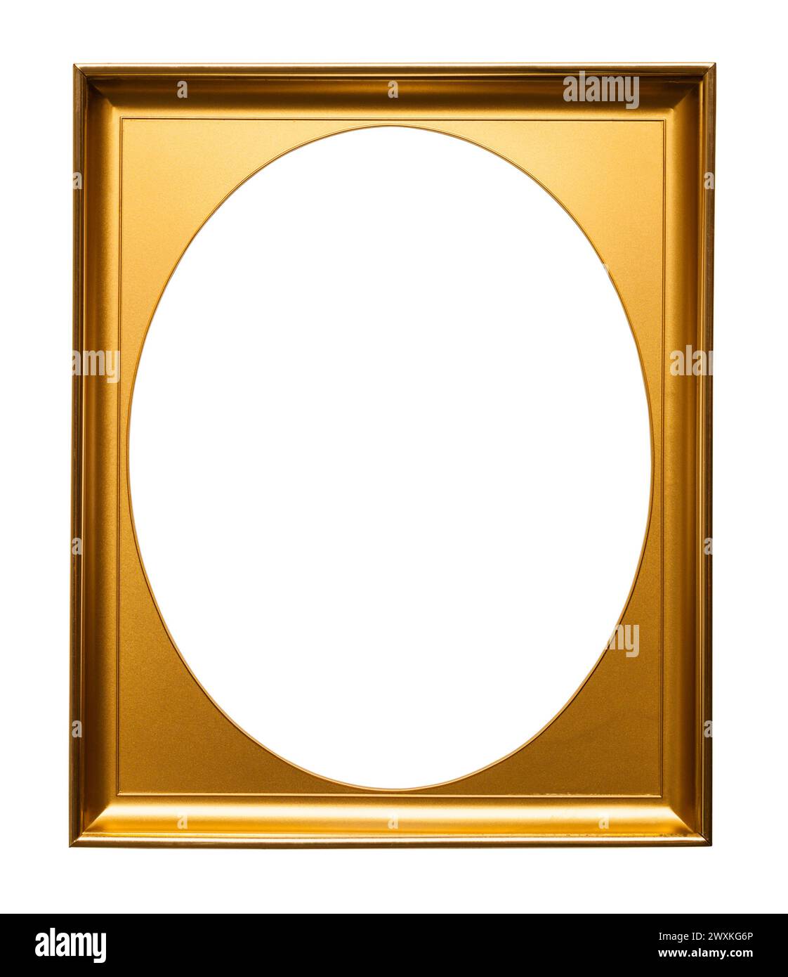 Goldener Rahmen mit ovalem Punktausschnitt auf weiß. Stockfoto