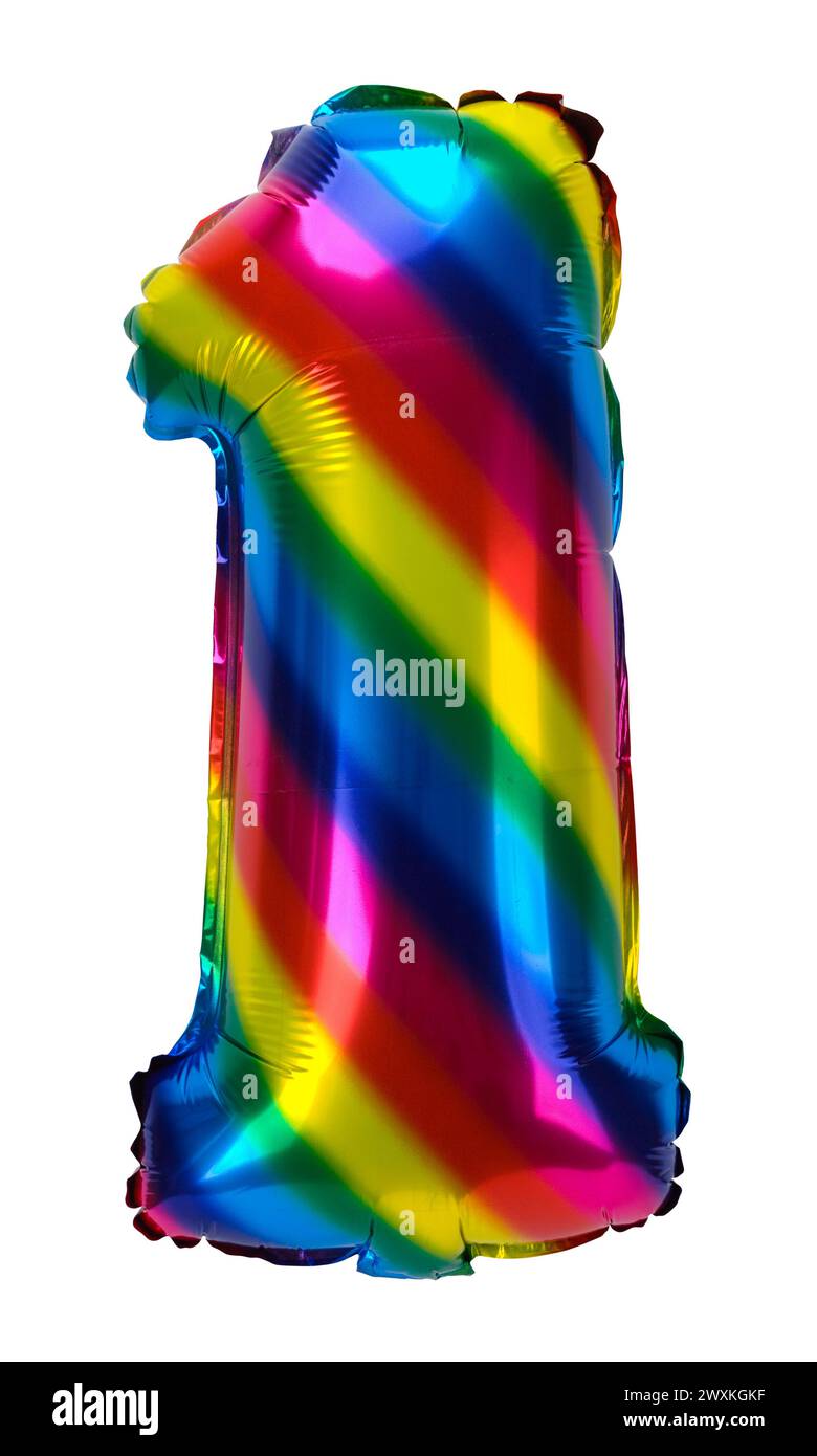 Regenbogen Nummer eins Ballon auf weiß ausgeschnitten. Stockfoto