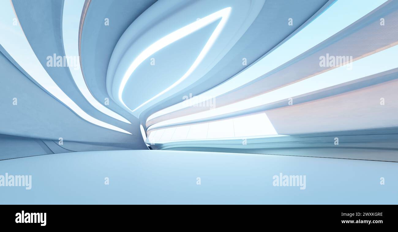 Das ruhige und ruhige Ambiente einer futuristischen, abstrakten Architektur mit fließenden Linien und kühlen Tönen. Minimalistisches Design. Und Stockfoto