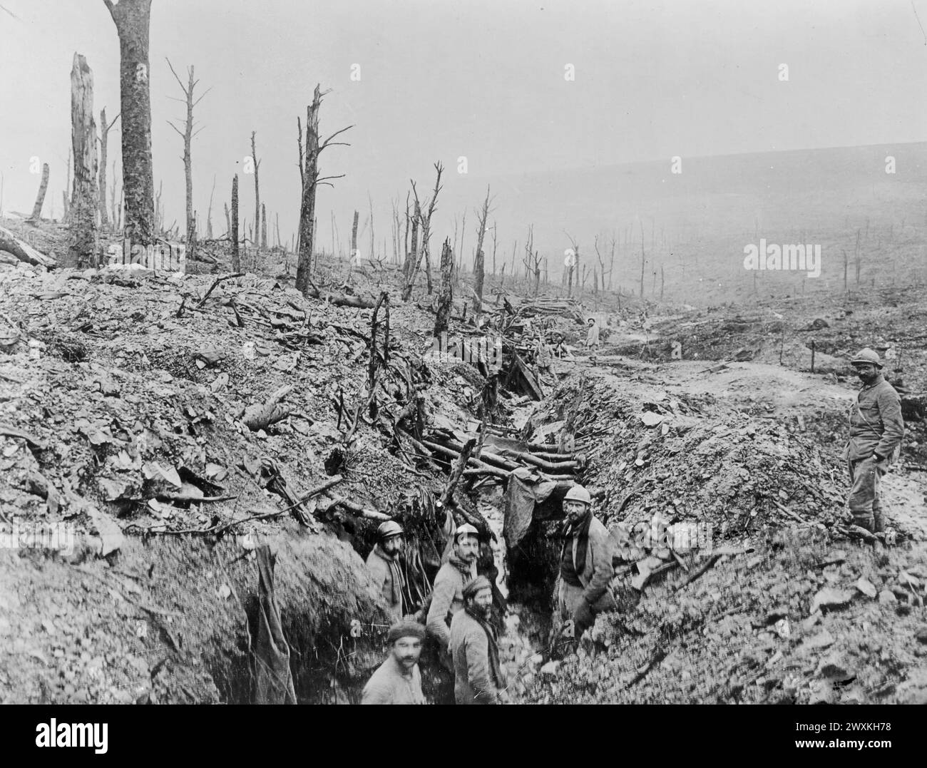 Fotos des Ersten Weltkriegs: Von französischen Soldaten gefangengenommene Gräben im Chauffeurwald bei Chambrette CA. 1918 Stockfoto